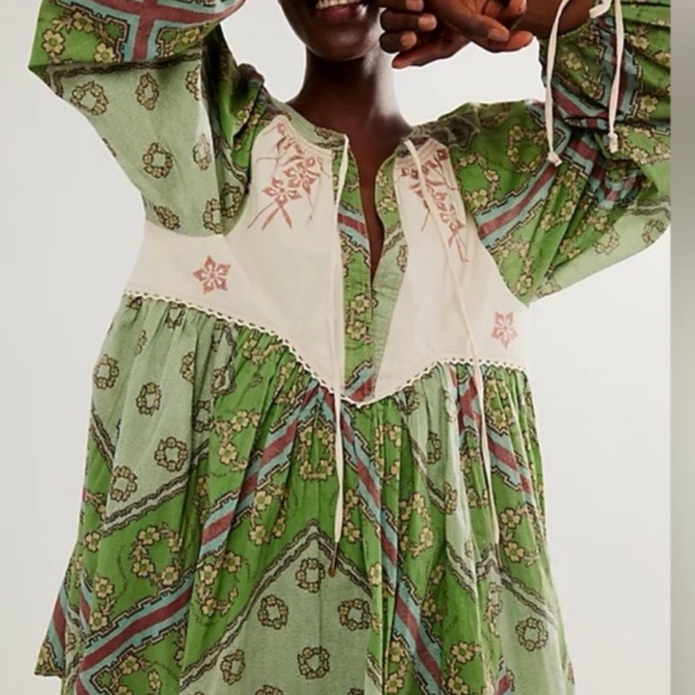 Free People Bohemian Green and Cream mini Dress